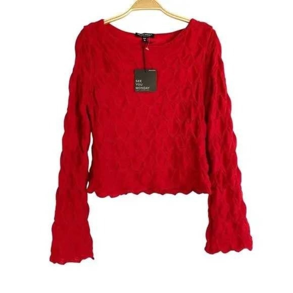 SEE YOU MONDAY LOS ANGELES Anthropology Red Textured Bell Sleeve Crop Top XL